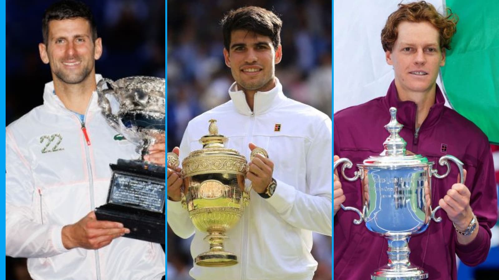 贏得大滿貫單打冠軍的 6 位現役 ATP 球員：諾瓦克·德約科維奇 (Novak Djokovic) 第 24 名，卡洛斯·阿爾卡拉斯 (Carlos Alcaraz) 第二名