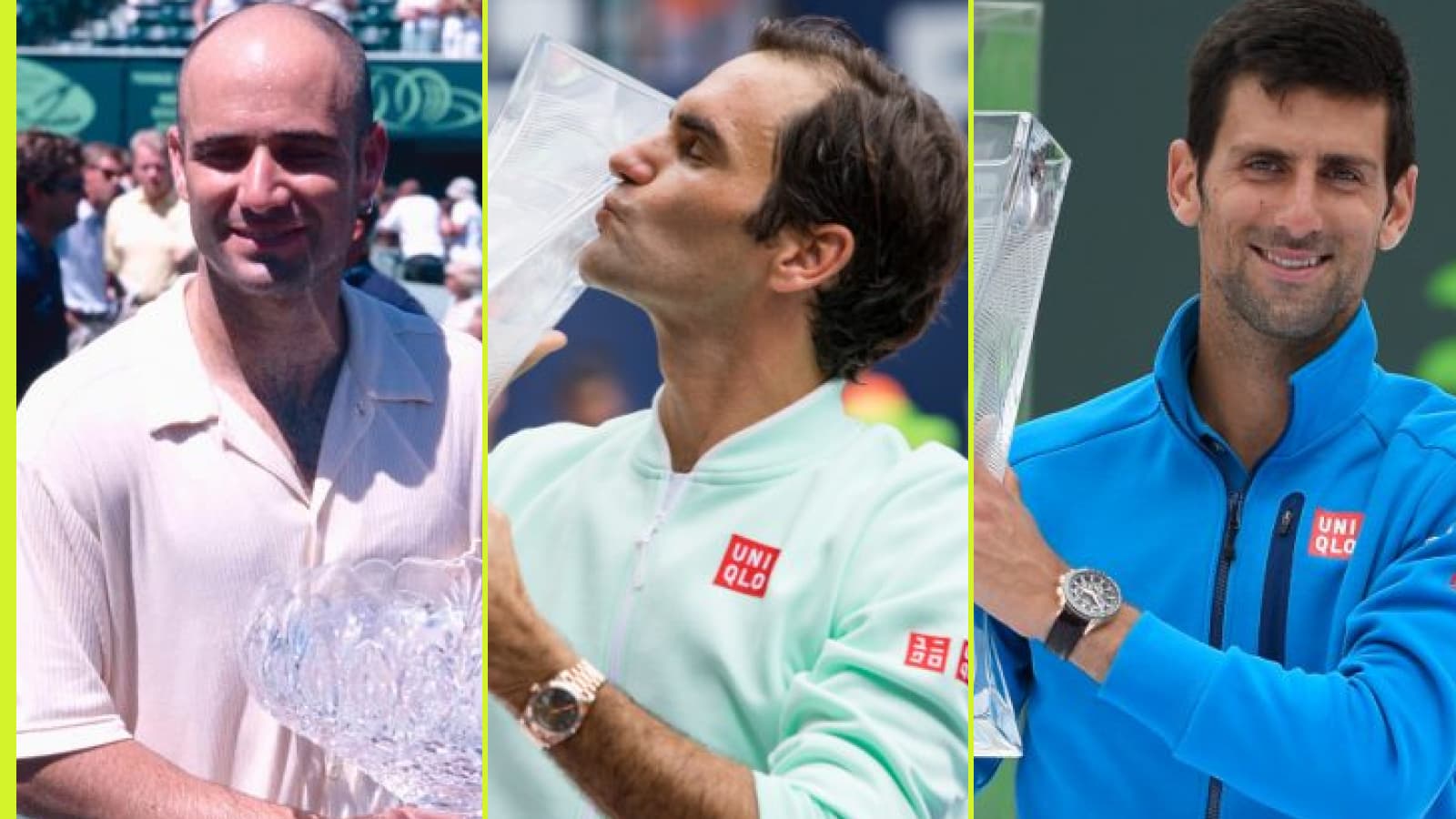 大多数迈阿密公开赛冠军的9个人：安德烈·阿加西（Andre Agassi），61岁，诺瓦克·德约科维奇（Novak Djokovic）第三